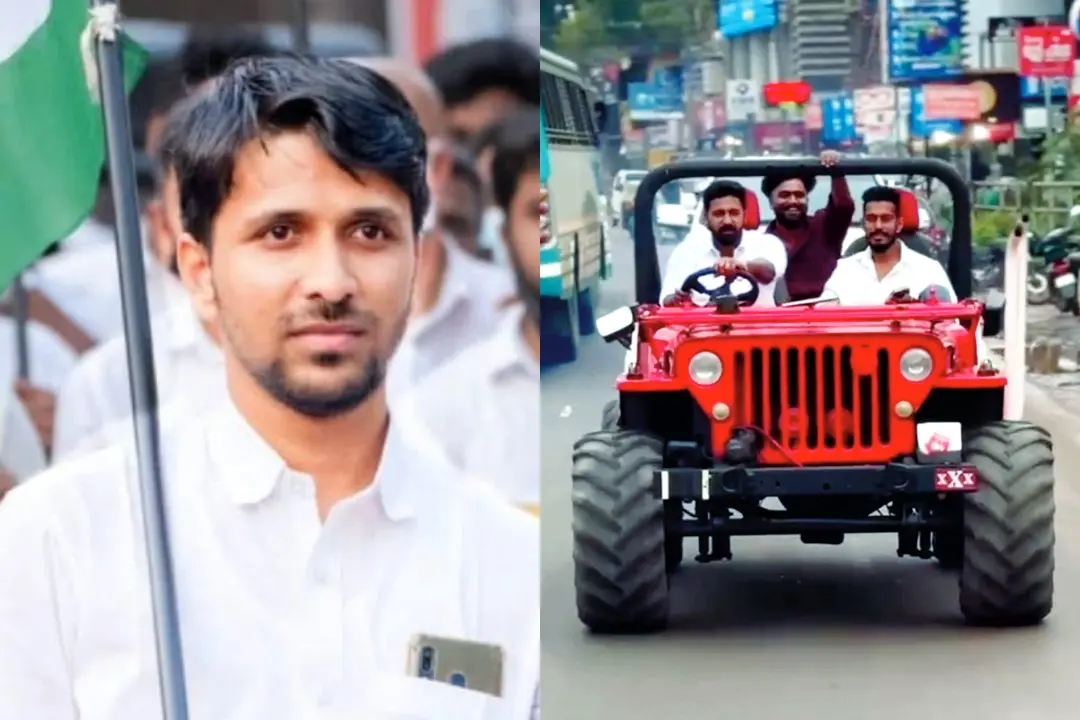 ഫർസീൻ മജീദ്, ശുഹൈബ് വധക്കേസ് പ്രതി ആകാശ് തില്ലങ്കേരി മോട്ടോർവാഹന നിയമം ലംഘിച്ച് വയനാട് പനമരം ടൗണിലൂടെ നടത്തിയ യാത്ര | Photos: 1. facebook.com/farzin.majeed, 2. Mathrubhumi