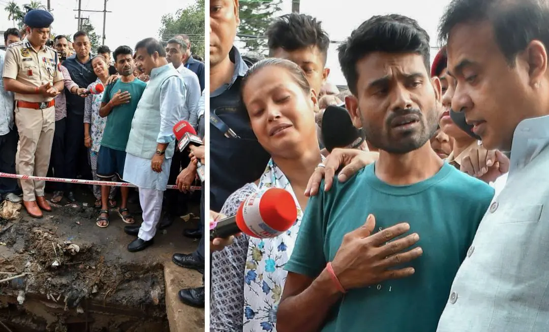 കുട്ടിയെ കാണാതായ സ്ഥലം അസം മുഖ്യമന്ത്രി ഹിമന്ത ബിശ്വശര്മ സന്ദര്ശിക്കുന്നു. കുട്ടിയുടെ മാതാപിതാക്കള് സമീപം | ഫോട്ടോ: എ.എന്.ഐ
