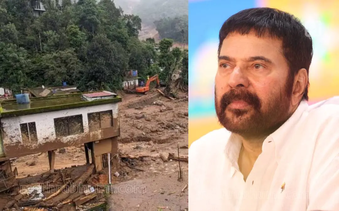 ഉരുൾപൊട്ടലുണ്ടായ മുണ്ടക്കൈ ടൗണിന്റെ ദൃശ്യം, മമ്മൂട്ടി | ഫോട്ടോ : വി.പി.ഉല്ലാസ്, മുരളീകൃഷ്ണൻ / മാതൃഭൂമി