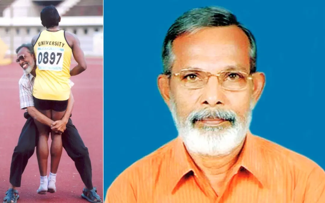 2004-ല് നടന്ന അഖിലേന്ത്യാ അന്തര്സര്വകലാശാലാ മീറ്റിലെ 400 മീറ്ററില് വിജയിയായ കാലിക്കറ്റ് സര്വകലാശാലാ താരം പി.എസ്. ശ്രീജിത്തിനെ എടുത്തുയര്ത്തുന്ന പരിശീലകന് എസ്.എസ്. കൈമള് (ഫയല് ചിത്രം) | ഫോട്ടോ: കെ.കെ. സന്തോഷ്