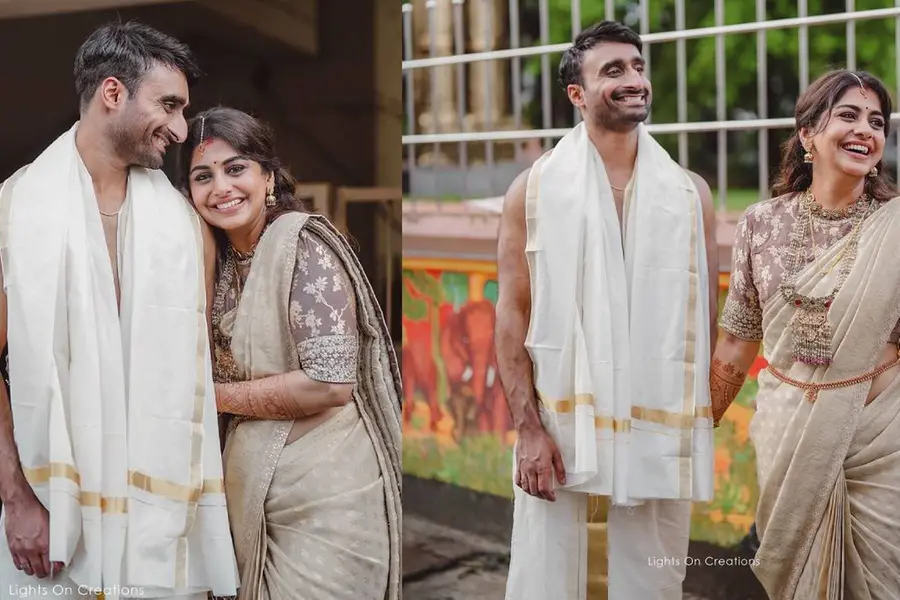 ലൈറ്റ് ലൈലാക് ബ്ലൗസും ഗോള്ഡന് ഡിസൈന് സാരിയും; വധുവായി അണിഞ്ഞൊരുങ്ങി മീര| വീഡിയോ