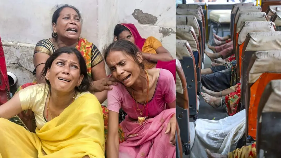 ആശുപത്രിക്ക് മുമ്പിൽ കാത്തിരിക്കുന്നവർ, ഹാഥ്റസിൽ തിക്കുംതിരക്കുംമൂലമുണ്ടായ ദുരന്തത്തിൽ കൊല്ലപ്പെട്ടവരുടെ മൃതദേഹങ്ങൾ ബസിന്റെ സീറ്റുകളിൽ കിടത്തി കൊണ്ടുവന്നപ്പോൾ | ഫോട്ടോ:PTI