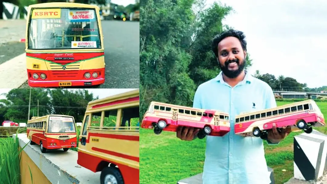 അരുണ് വടക്കേവീട് താന് നിര്മിച്ച കെ.എസ്.ആര്.ടി.സി. ബസിന്റെ കുഞ്ഞന്മാതൃകകളുമായി.