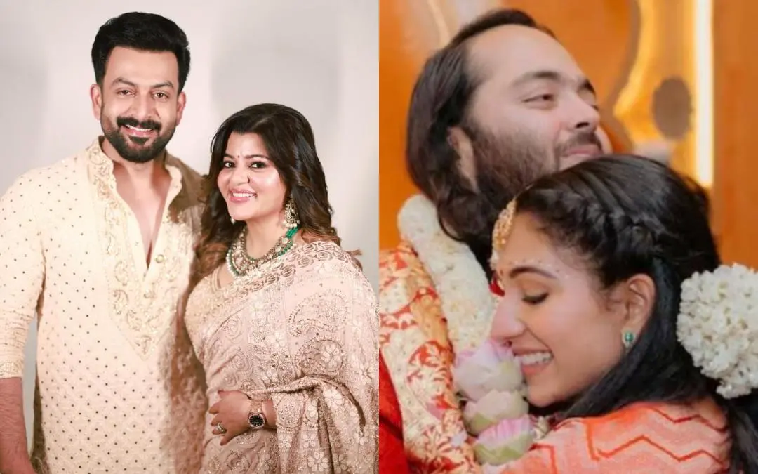 പൃഥ്വിരാജ്, സുപ്രിയ മേനോൻ, ആനന്ദ് അംബാനിയും രാധിക മെർച്ചന്റും വിവാഹത്തിന് ശേഷം ആശ്ലേഷിക്കുന്നു
