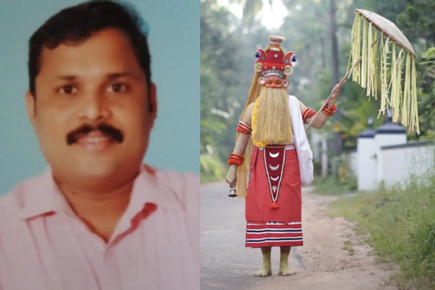 കെ.ടി. സുമേഷ് (ഇടത്ത്), ഓണപ്പൊട്ടനായി വേഷം ധരിച്ച സുമേഷ് (വലത്ത്)