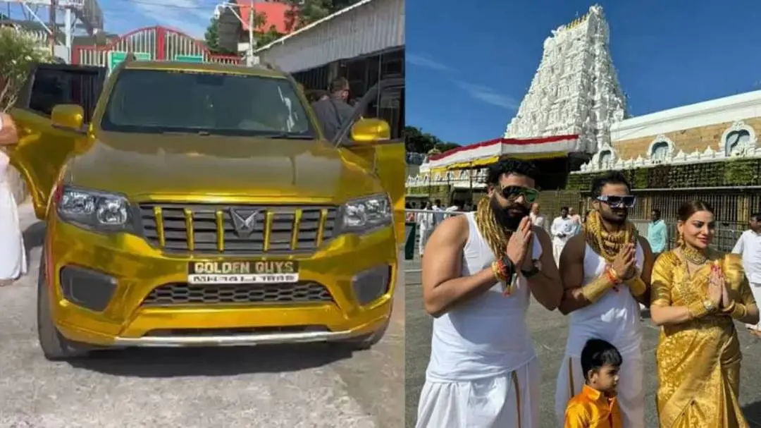 സ്വര്ണം പൂശിയ കാര്/ പുണെയില് നിന്നുള്ള കുടുംബം തിരുപ്പതി ദര്ശനത്തിനിടെ | Photo: x/ pti