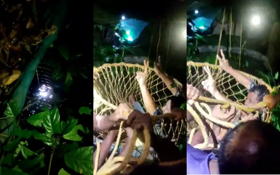 യുവാവിനെ പുറത്തെത്തിച്ചപ്പോള് | Photo: Screen grab/ Arranged Video