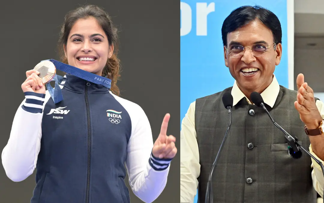മനു ഭാകര്, കേന്ദ്ര കായിക മന്ത്രി മന്സുഖ് മാണ്ഡവ്യ | Photo: ANI
