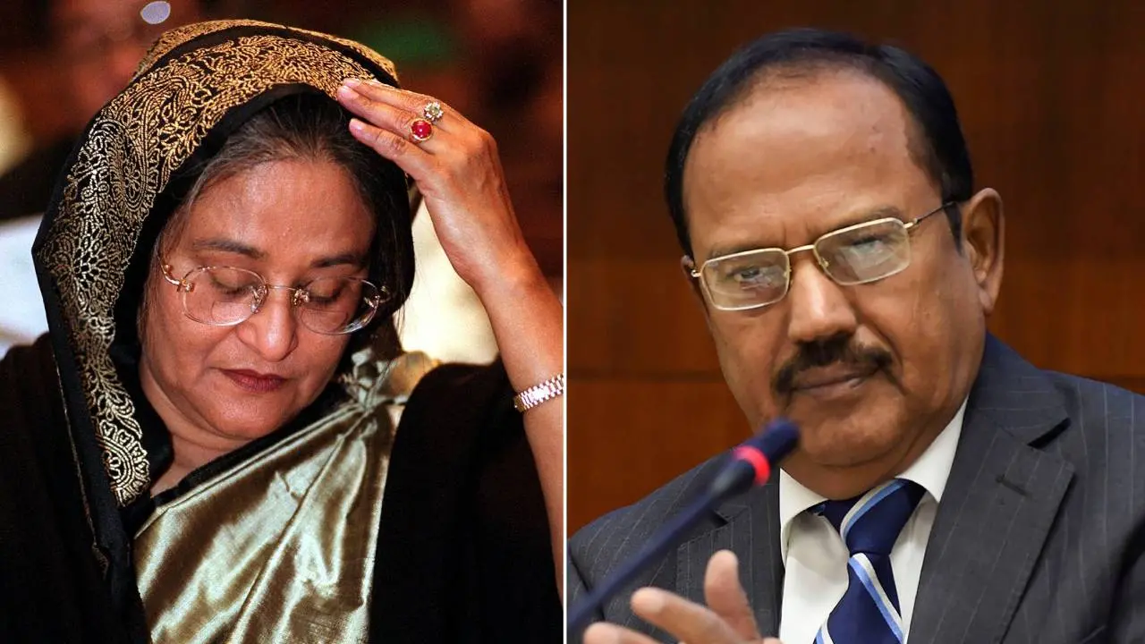 ഷെയ്ഖ് ഹസീന, അജിത് ഡോവല്‍ | Photo - PTI, AFP