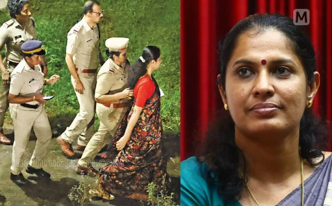 തളിപ്പറമ്പ് ജുഡീഷ്യല് ഫസ്റ്റ് ക്ലാസ് മജിസ്ട്രേറ്റ് എം.വി. അനുരാജിനു മുന്പില് പി.പി. ദിവ്യയെ ഹാജരാക്കിയശേഷം പോലീസ് പുറത്തേക്കു കൊണ്ടുവരുന്നു | ഫോട്ടോ: ലതീഷ് പൂവ്വത്തൂര്