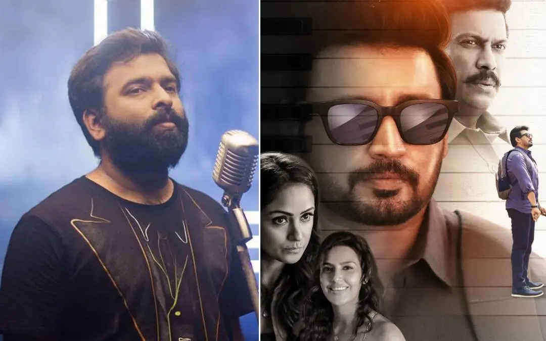 സന്തോഷ് നാരായണൻ, അന്ധാഗൻ സിനിമയുടെ പോസ്റ്റർ | ഫോട്ടോ: www.facebook.com/santhosh.narayanan.3701, x.com/SonyMusicSouth