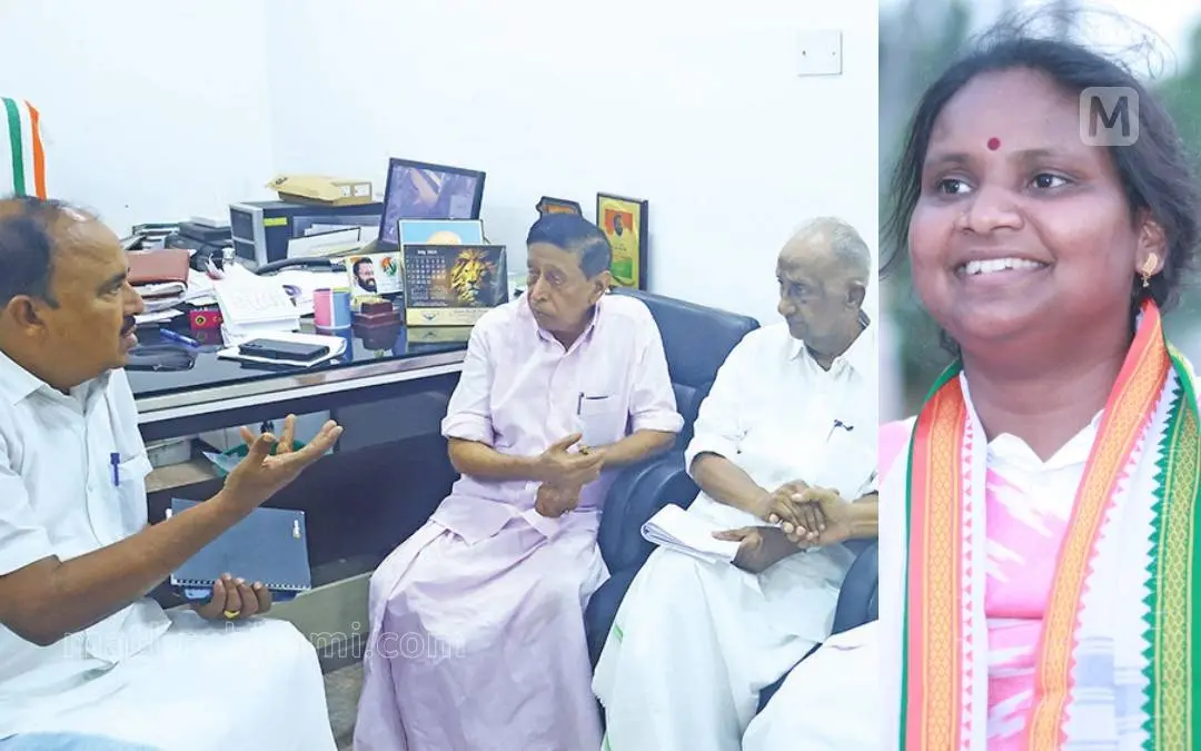 ആലത്തൂര് ലോക്സബാ മണ്ഡലത്തിലെ തോല്വിയെക്കുറിച്ച് പഠിക്കാന് നിയോഗിച്ച കമ്മിഷന് അംഗങ്ങളായ കെ.സി. ജോസഫും ആര്. ചന്ദ്രശേഖരനും പാലക്കാട് ഡി.സി.സി. ഓഫീസില് തെളിവെടുപ്പിനെത്തിയപ്പോള് മുതിര്ന്ന നേതാവായ വി.സി. കബീറിനോട് സംസാരിക്കുന്നു, രമ്യ ഹരിദാസ് | Photo: Mathrubhumi