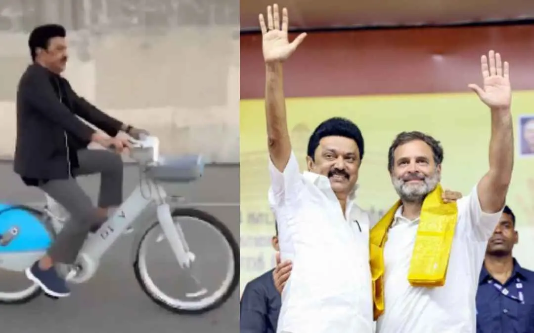 എം.കെ. സ്റ്റാലിന് ഷിക്കാഗോയിൽ സൈക്കിൾ സവാരിക്കിടെ, രാഹുല് ഗാന്ധിക്കൊപ്പം സ്റ്റാലിന്| Photo: screengrab/X, ANI