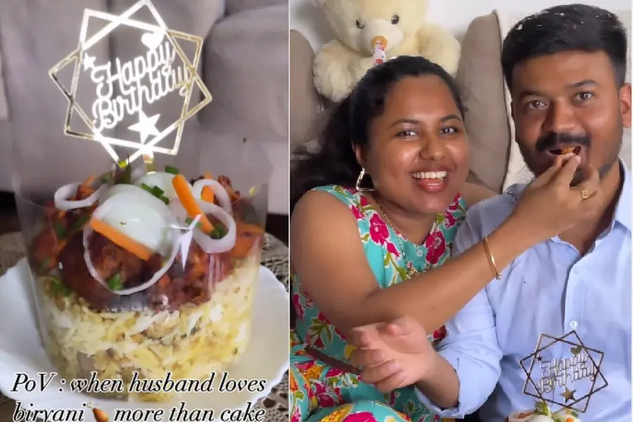 'ഭര്ത്താവിന് കേക്കിനേക്കാളേറെ പ്രിയം ബിരിയാണിയോടാകുമ്പോള്'; ഭാര്യയുടെ സര്പ്രൈസിന് നൂറ് മാര്ക്ക്