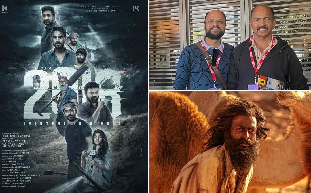 '2018' സിനിമയുടെ പോസ്റ്റർ, സംവിധായകൻ ജൂഡ് ആന്തണിയും നിർമാതാവ് വേണു കുന്നപ്പള്ളിയും, 'ആടുജീവിത'ത്തിൽ പൃഥ്വിരാജ് | ഫോട്ടോ: www.facebook.com/judeanthanyjoseph, www.facebook.com/PrithvirajSukumaran