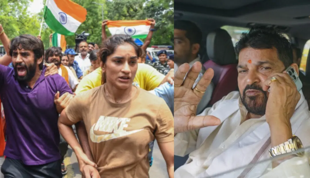 1. വിനേഷ് ഫോഗട്ട്, ബജ്രംഗ് പുനിയ പ്രതിഷേധത്തിനിടെ 2. ബ്രിജ് ഭൂഷൺ | Photo: ANI,PTI