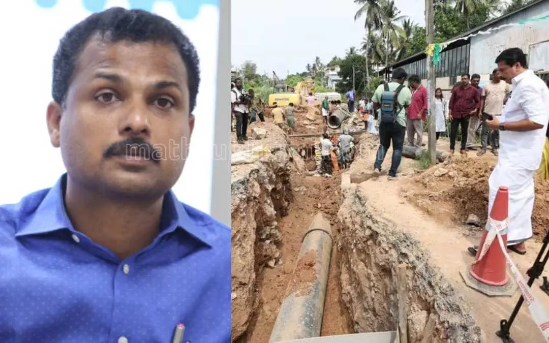 വി.കെ. പ്രശാന്ത്‌, തിരുവനന്തപുരം കരമന സി.ഐ.ടി. റോഡിൽ റെയിൽ പാത ഇരട്ടിപ്പിക്കലിന്റെ ഭാഗമായി നേമം, ഐരാണിമുട്ടം ഭാഗങ്ങളിലേക്ക് പോകുന്ന ട്രാൻസ്‌മിഷൻ പൈപ്പ് ലൈൻ അലൈൻമെന്റ് മാറ്റുന്നതിനുള്ള പ്രവർത്തികൾ നടക്കുന്ന സ്ഥലം മന്ത്രി റോഷി അഗസ്റ്റിൻ സന്ദർശിച്ചപ്പോൾ | ഫോട്ടോ: എസ്‌. ശ്രീകേഷ്‌ / മാതൃഭൂമി