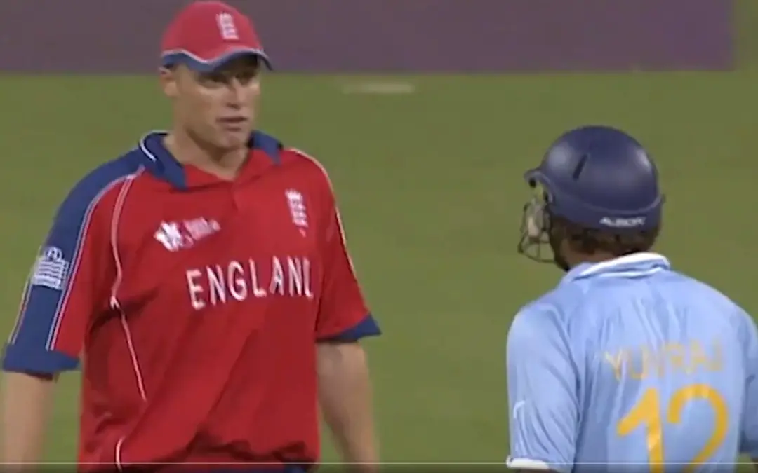 യുവ്രാജ് സിങ്ങും ഫ്ളിന്റോഫും, Photo:screengrab/x.com/icc