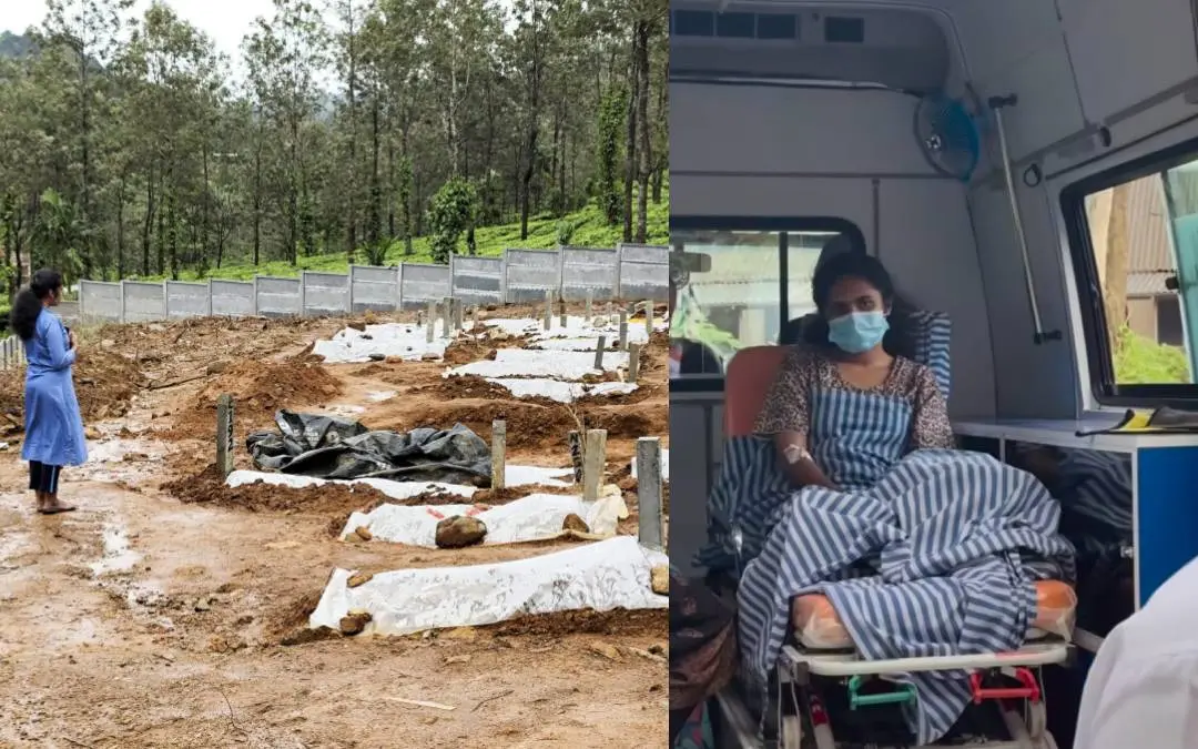 തിരിച്ചറിയാത്ത മൃതദേഹങ്ങള് സംസ്കരിച്ചയിടത്ത് ശ്രുതി (ഫയല് ചിത്രം), അമ്മയുടെ സംസ്കാര ചടങ്ങ് കാണുന്ന ശ്രുതി | Photo: PTI, Special Arrangement