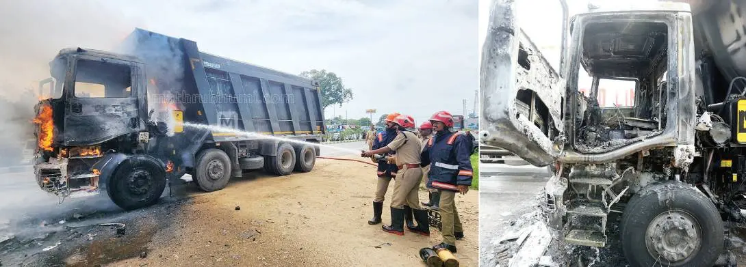 പാലക്കാട് മരുതറോഡിന് സമീപം ലോറിക്ക് തീപിടിച്ചത് കെടുത്താൻ ശ്രമിക്കുന്ന അഗ്നിരക്ഷാസേനാംഗങ്ങൾ