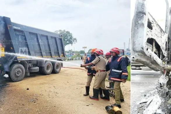 ദേശീയപാതയിലെ ഓട്ടത്തിനിടെ ടോറസ് ലോറിക്ക് തീപിടിച്ചു, ക്യാബിൻ പൂർണമായി കത്തിനശിച്ചു