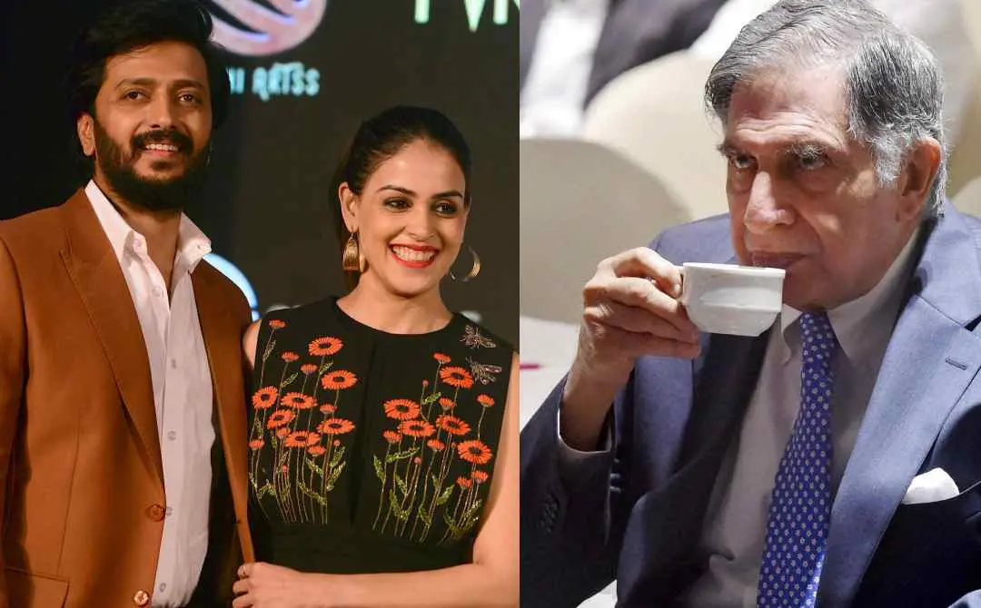 റിതേഷ് ദേശ്മുഖും ജെനീലിയയും(ഇടത്ത്) രത്തന് ടാറ്റ(വലത്ത്) | Photo: AFP & PTI
