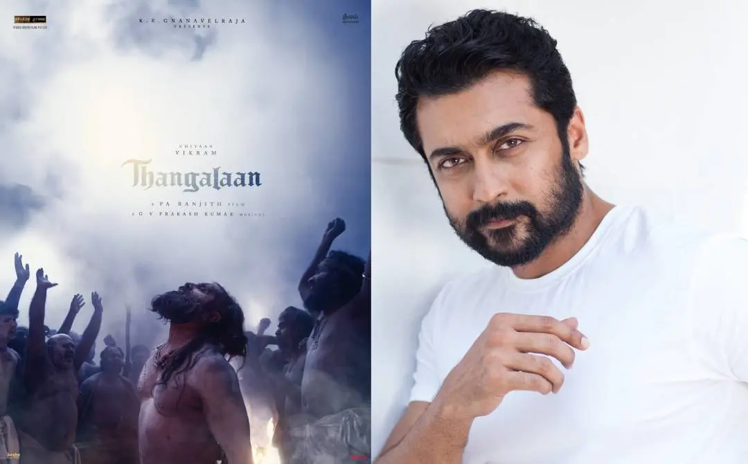 തങ്കലാൻ സിനിമയുടെ പോസ്റ്റർ, സൂര്യ | ഫോട്ടോ: x.com/beemji, www.facebook.com/ActorSuriya