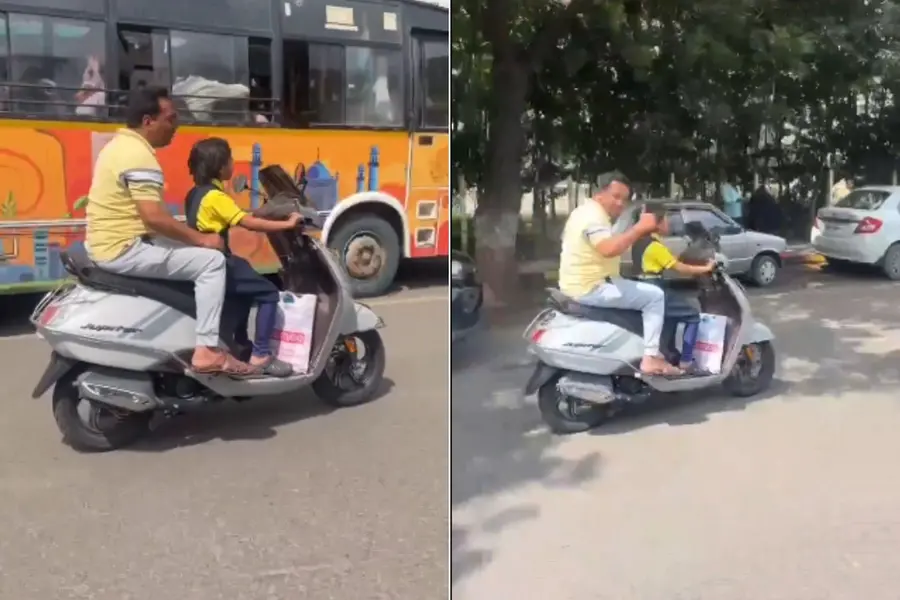 തിരക്കുള്ള റോഡില് സ്കൂട്ടറോടിച്ച് ചെറിയ കുട്ടി, പിന്നിലിരുന്ന് പിതാവ്; വീഡിയോ വൈറൽ, വിമർശനം
