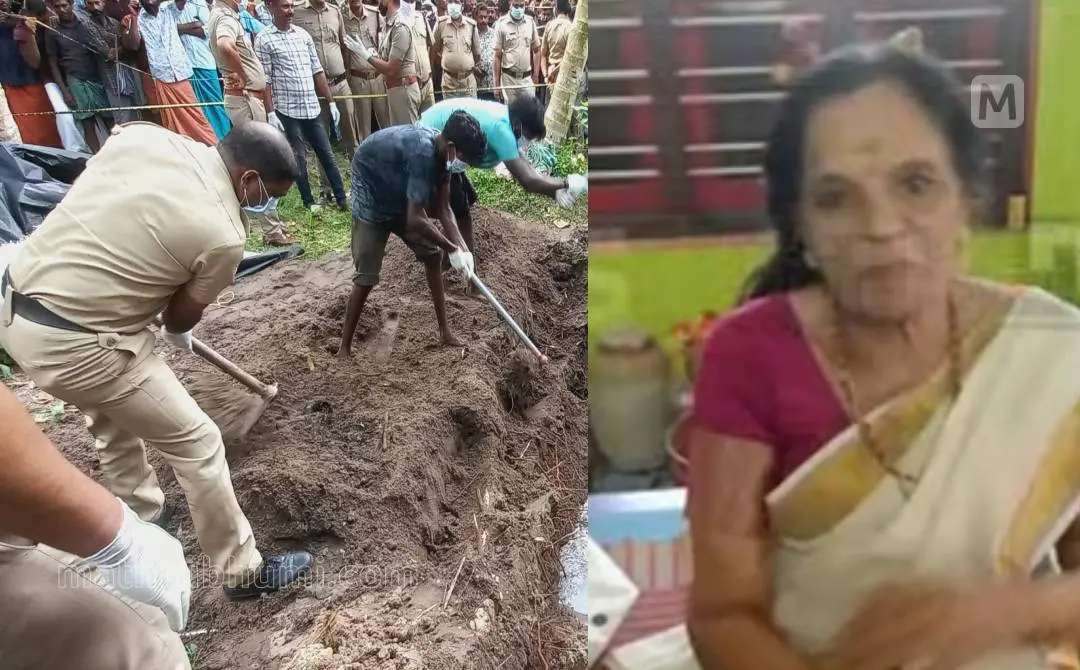 കോര്ത്തുശ്ശേരിയിലെ വീട്ടുവളപ്പില് കുഴിച്ചിട്ട മൃതദേഹം കണ്ടെത്താനായി പോലീസ് പരിശോധന നടത്തുന്നു(ഇടത്ത്) കാണാതായ സുഭദ്ര(വലത്ത്) | ഫോട്ടോ: ജി.രാഹുല്കൃഷ്ണ/ മാതൃഭൂമി & മാതൃഭൂമി ന്യൂസ്