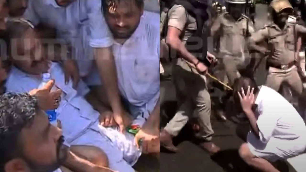 യൂത്ത് കോൺഗ്രസ് പ്രവർത്തകർക്കുനേരെ പോലീസ് ലാത്തി വീശുന്നു | Photo: Screengrab/ Mathrubhumi News