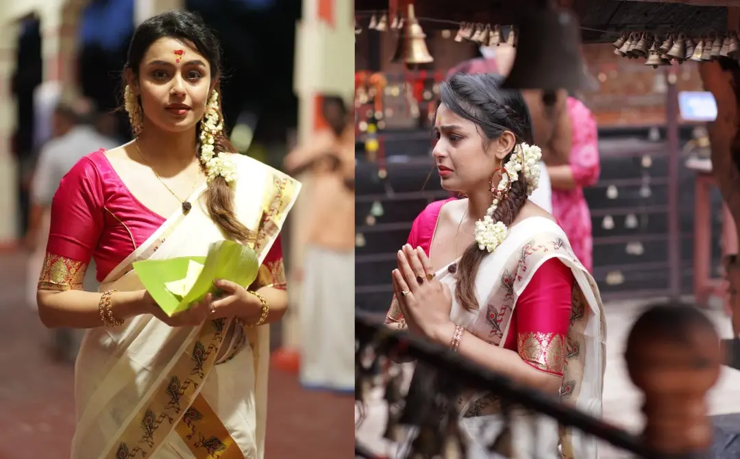 നടി മോക്ഷ പത്തനംതിട്ട വലിയ പനയന്നാർകാവ് ദേവി ക്ഷേത്രത്തിൽ | ഫോട്ടോ: അറേഞ്ച്ഡ്