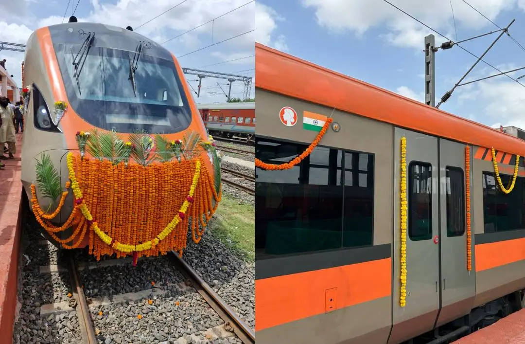 ഫ്ളാഗ് ഓഫിനായി ഭുജ് റെയില്വേ സ്റ്റേഷനില് കാത്തിരിക്കുന്ന നമോ ഭാരത് റാപിഡ് റെയില്