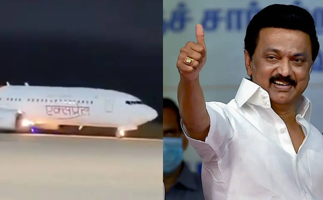 ട്രിച്ചിയിൽ തിരിച്ചിറക്കിയ എയർ ഇന്ത്യ എക്സ്പ്രസ് വിമാനം, തമിഴ്നാട് മുഖ്യമന്ത്രി എം.കെ.സ്റ്റാലിൻ | ഫോട്ടോ: സ്ക്രീൻഗ്രാബ്, പി.ടി.ഐ