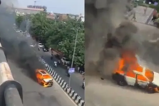 അജ്മീറിലെ റോഡില്‍ തീഗോളമായി പാഞ്ഞുവന്ന് കാര്‍, പരിഭ്രാന്തരായി യാത്രികര്‍- വീഡിയോ