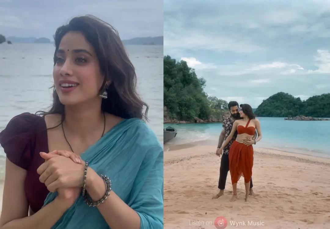 ജാൻവി കപ്പൂർ, ചുട്ടമല്ലേ ഗാനത്തിൽ നിന്നുള്ള രംഗം ഫോട്ടോ: instagram/ @janhvikapoor, youtube/ T-Series Telugu