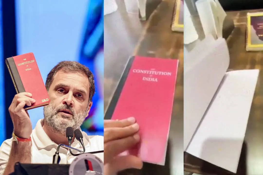 നാഗ്പുറില് നടന്ന ചടങ്ങിൽ ഭരണഘടനയുമായി രാഹുൽ ഗാന്ധി, പരിപാടിയിൽ വിതരണം ചെയ്തതായി പറയപ്പെടുന്ന ഭരണഘടന| ഫോട്ടോ: ANI,
@doctorrichabjp
