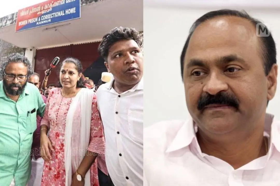 ജാമ്യം ലഭിച്ചതിനെ തുടർന്ന് കണ്ണൂർ വനിതാ ജയിലിൽ നിന്നും പുറത്തേക്കിറങ്ങുന്ന പി.പി. ദിവ്യ, വി.ഡി. സതീശൻ| ഫോട്ടോ: ലതീഷ് പൂവത്തൂർ, mathrubhumi archive