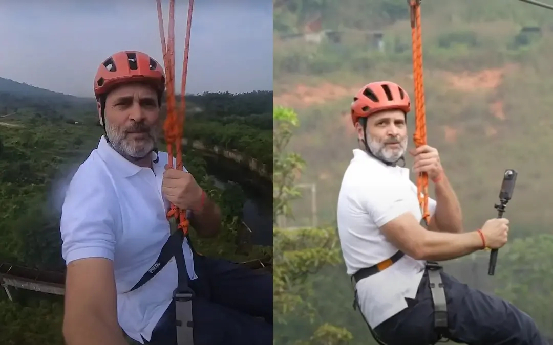 രാഹുല് ഗാന്ധി സിപ് ലൈനില് | Photo: Screen grab/ YouTube: Rahul Gandhi