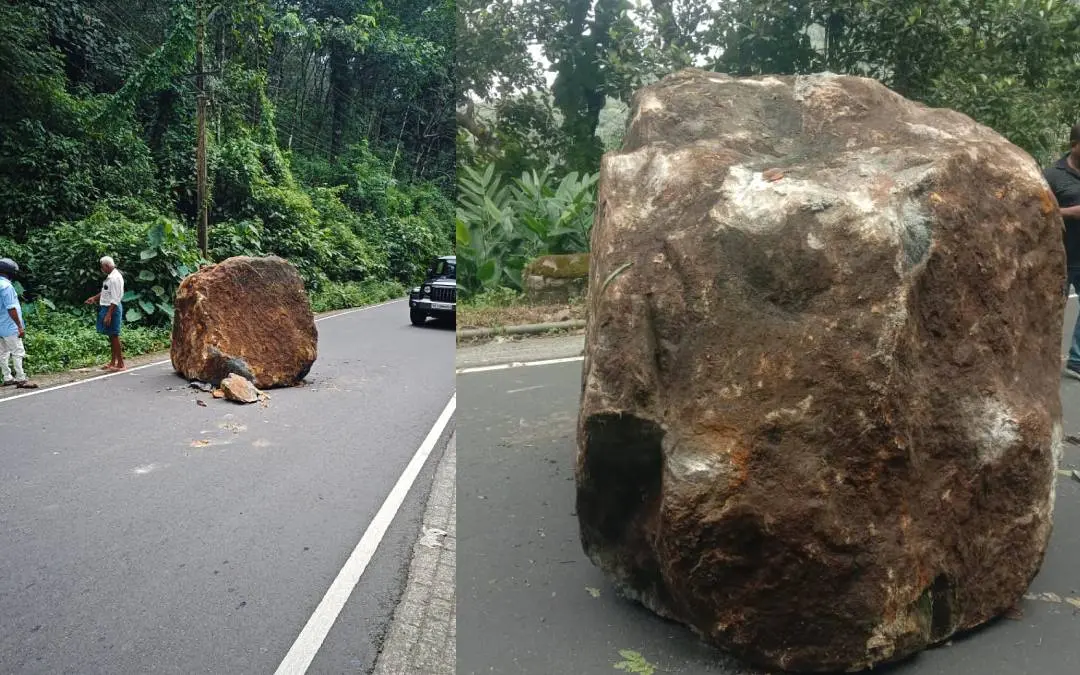 റോഡിലേക്ക് വീണ പാറക്കല്ല് | Photo: Special arranged
