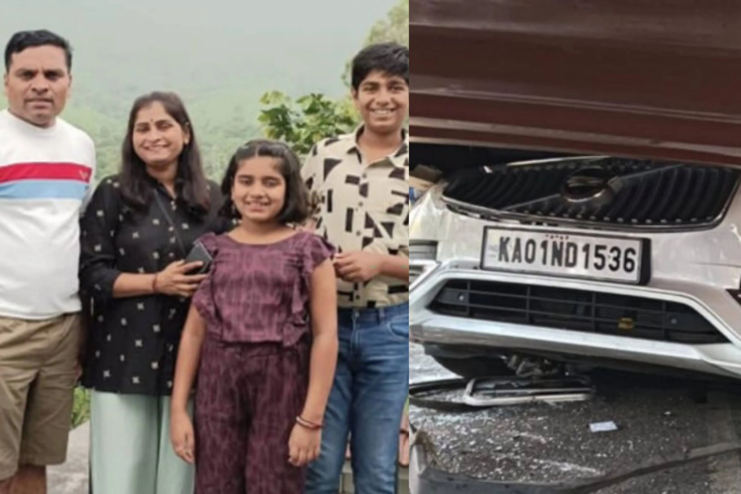 ചന്ദ്രാം യാഗപ്പഗോല്‍ ഭാര്യയ്ക്കും മക്കള്‍ക്കുമൊപ്പം/ അപകടത്തില്‍പെട്ട കാര്‍ | Photo: x