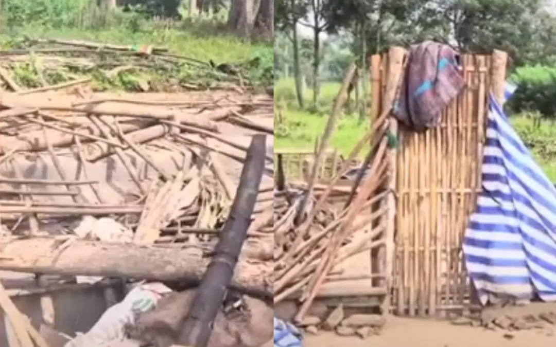 വനംവകുപ്പ് തകര്‍ത്ത കുടിലുകള്‍ | Photo: Screengrab/Mathrubhuminews