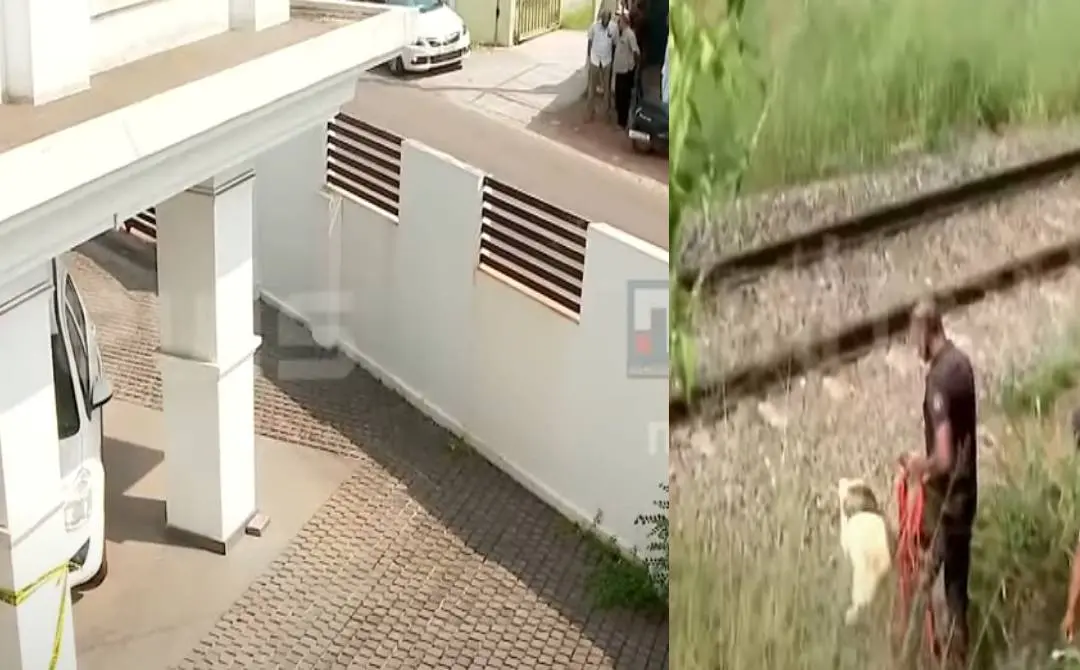 മോഷ്ടാക്കള് വീട്ടുവളപ്പിലേക്ക് കടന്ന ഭാഗം(ഇടത്ത്) പോലീസ് നായ റെയില്വേട്രാക്കിലേക്ക് ഓടിക്കയറുന്ന ദൃശ്യം(വലത്ത്) | Screengrab: Mathrubhumi News
