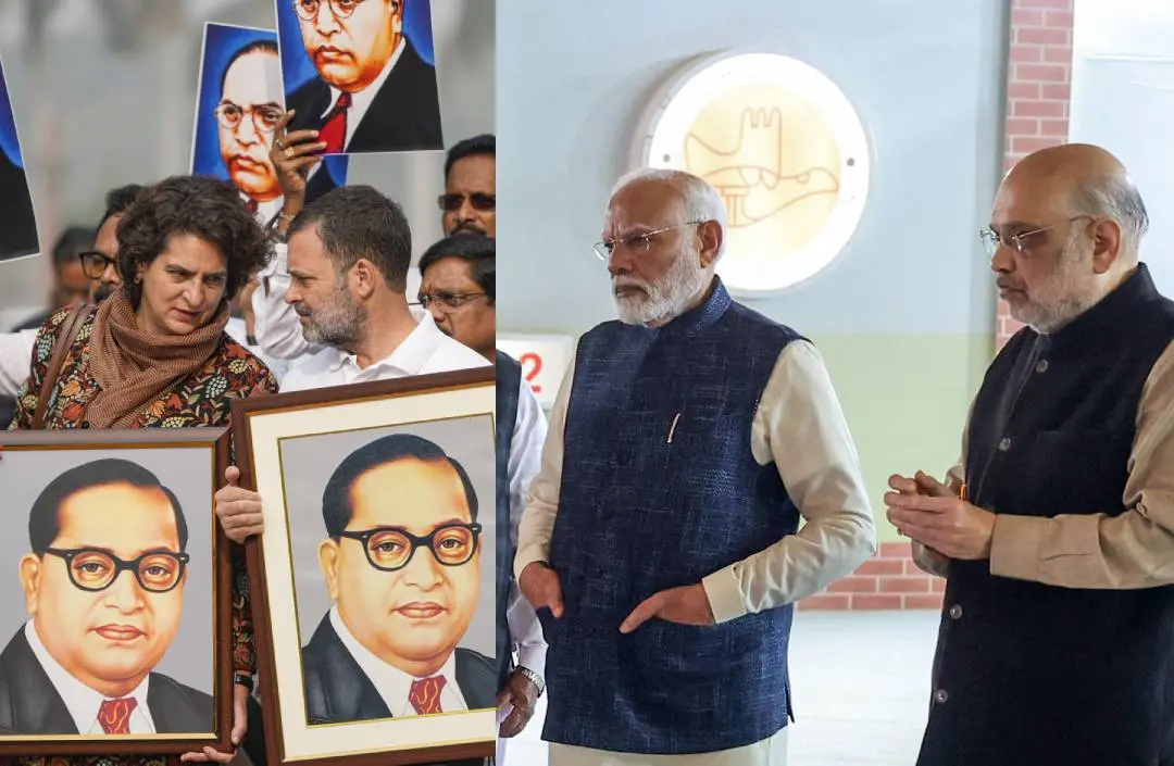 പാര്‍ലമെന്റിന് പുറത്ത് അംബേദ്കറുടെ ചിത്രം ഉയര്‍ത്തി പ്രതിഷേധം നടത്തുന്ന രാഹുല്‍ ഗാന്ധിയും പ്രിയങ്കയും, പ്രധാനമന്ത്രി മോദി അമിത് ഷായ്‌ക്കൊപ്പം (ഫയല്‍) |ഫോട്ടോ:PTI
