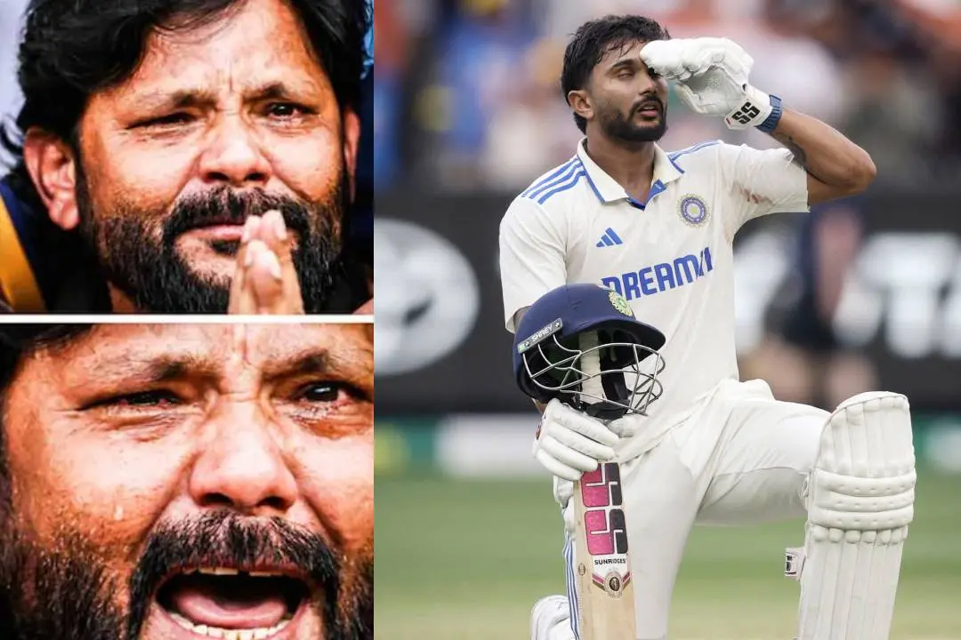 നിതീഷ് റെഡ്ഡിയുടെ അച്ഛന്റെ ഭാവങ്ങള്/ നിതീഷ് റെഡ്ഡി സെഞ്ചുറിയിലെത്തിയപ്പോള് | Photo: x/ AFP