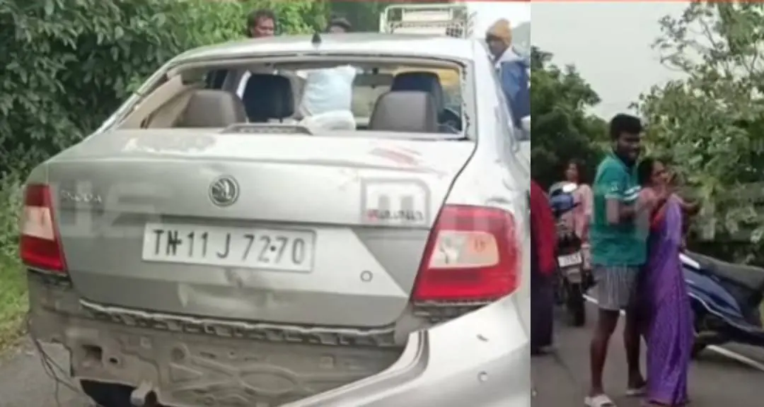 അപകടമുണ്ടാക്കിയ കാര്‍, സ്ഥലത്ത് അലമുറയിട്ട് കരയുന്ന സ്ത്രീ | Screengrab \ Mathrubhumi News