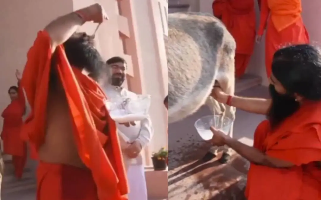 കഴുതയെ കറന്ന് ബാബ രാംദേവ് പാല്‍കുടിക്കുന്നു | Photo: x.com/IndiaDirectNew4