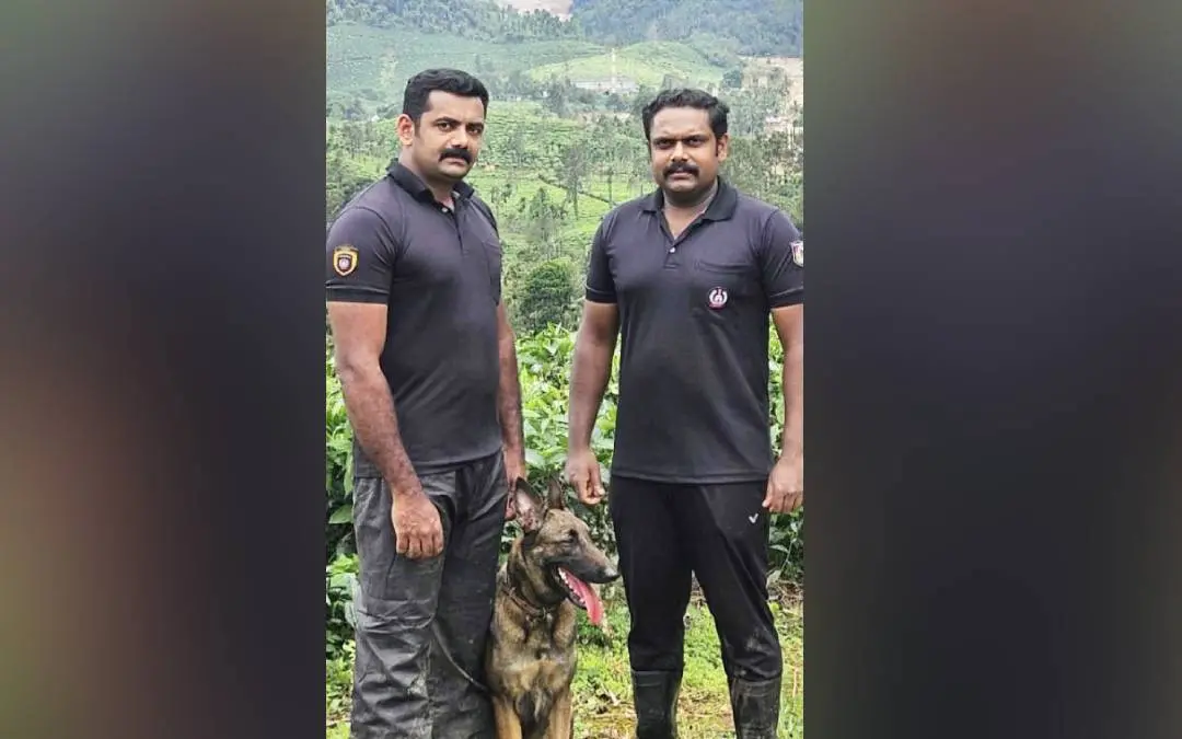 30ktp5 പോലീസ് നായ എയ്ഞ്ചലും ഹാന്ഡ്ലര്മാരായ ടി. അഖിലും ജിജോ ടി. ജോണും | Photo: Special arranged
