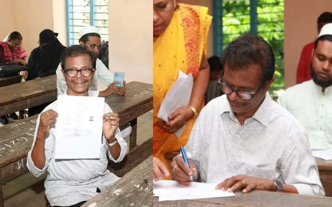 തുല്യതാ പരീക്ഷ എഴുതാനെത്തിയ ഇന്ദ്രന്‍സ് | File Photo/ Facebook: V. Sivankutty, Mathrubhumi
