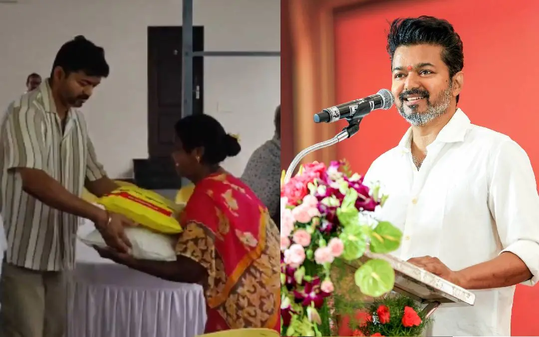 വിജയ് പ്രളയ സഹായം വിതരണം ചെയ്യുന്നു | Photo: x.com/actorvijayfans,ANI