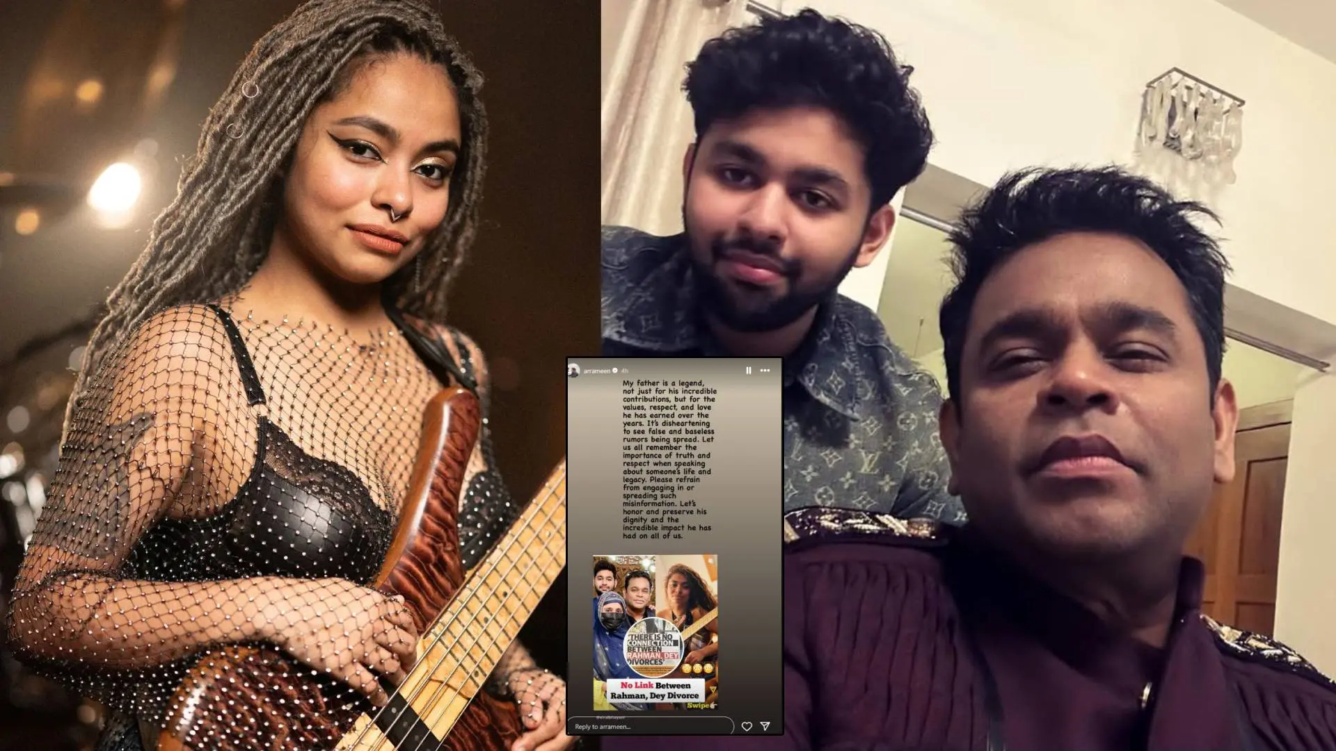മോഹിനി ഡേ, എ.ആർ. റഹ്മാനും മകൻ എ.ആർ. അമീനും, ഇൻസൈറ്റിൽ എ.ആർ. അമീൻ പങ്കുവെച്ച ഇൻസ്റ്റഗ്രാം | Photo: https://www.instagram.com/dey_bass/, https://www.instagram.com/arrameen/